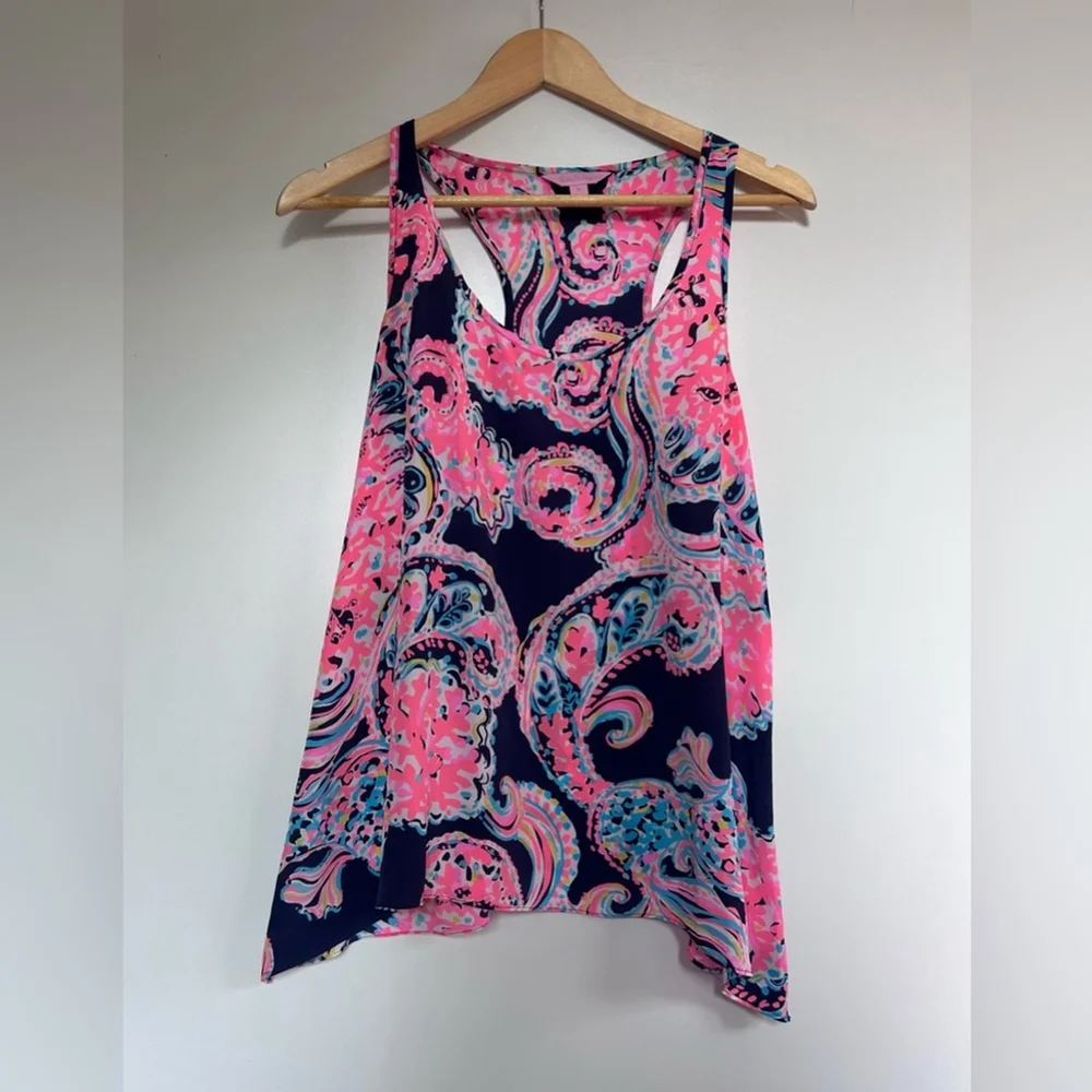Lilly Pulitzer silk paisley Pink and Black Cut Out Tank Top shirt m - Picture 5 of 6